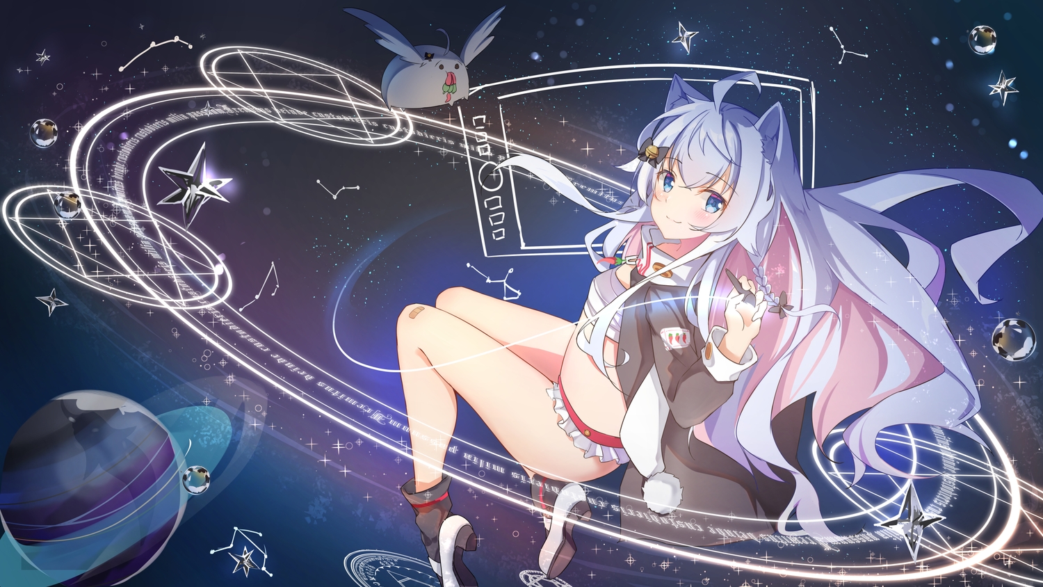 animal_ears, flat_chest, gray_hair, kagura_nana, long_hair, magic, nanakagu_karatou_ch., planet, rika_(mikunopantsu), sarashi, stars, underwear