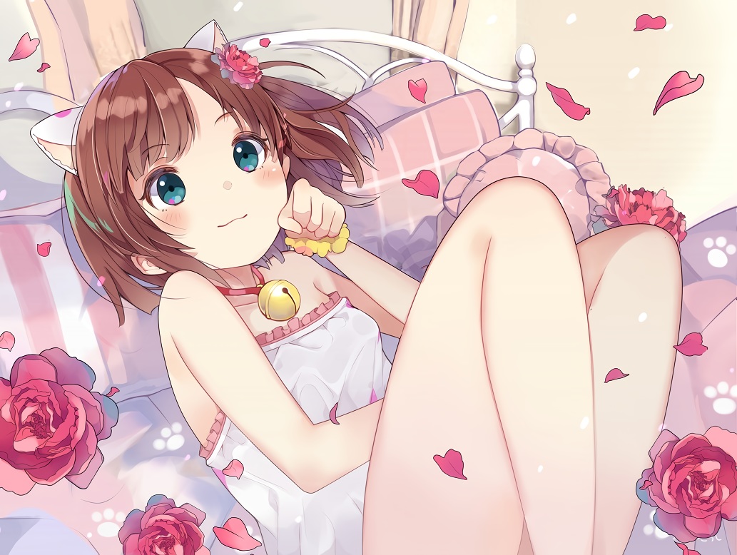 animal_ears, bed, bell, catgirl, collar, flowers, idolmaster, idolmaster_cinderella_girls