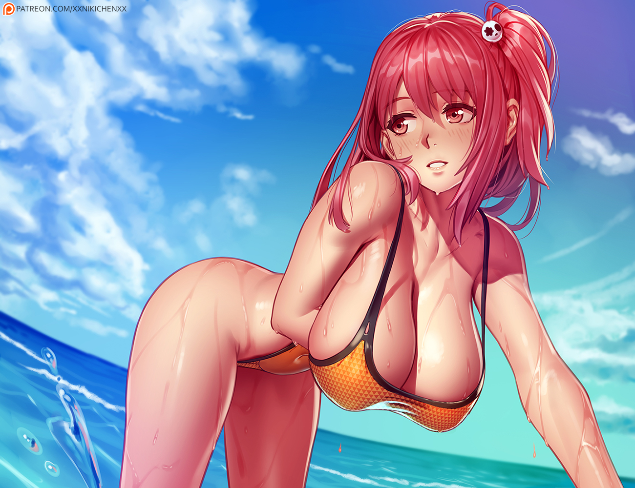 blush, breast_hold, clouds, dead_or_alive, honoka_(doa), nikita_varb, red_eyes, red_hair, sky, swimsuit, water, watermark, wet