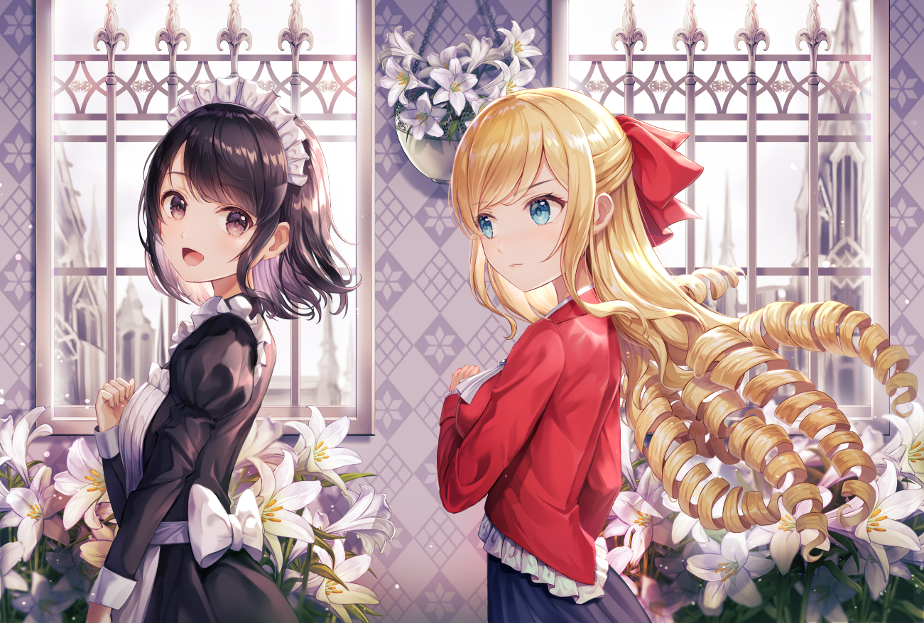 2girls, apron, claire_françois, headband, long_hair, lunacle, maid, oohashi_rei, short_hair, watashi_no_oshi_wa_akuyaku_reijou