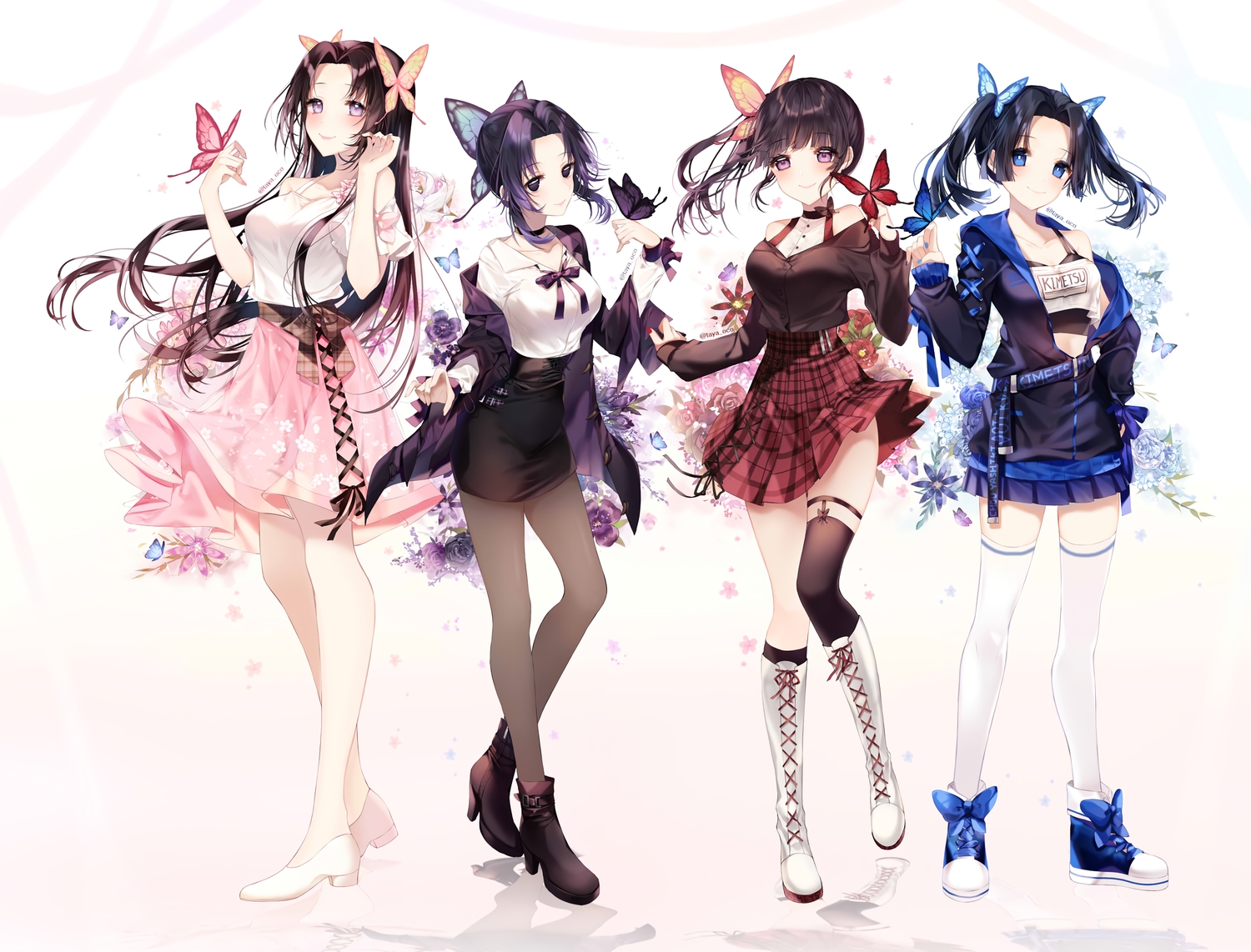 black_hair, blue_eyes, blush, brown_hair, butterfly, flowers, group, kanzaki_aoi, kimetsu_no_yaiba, kochou_kanae, kochou_shinobu, long_hair, pantyhose, ponytail, purple_eyes, purple_hair, rose, skirt, taya_oco, thighhighs, tsuyuri_kanao, twintails, watermark