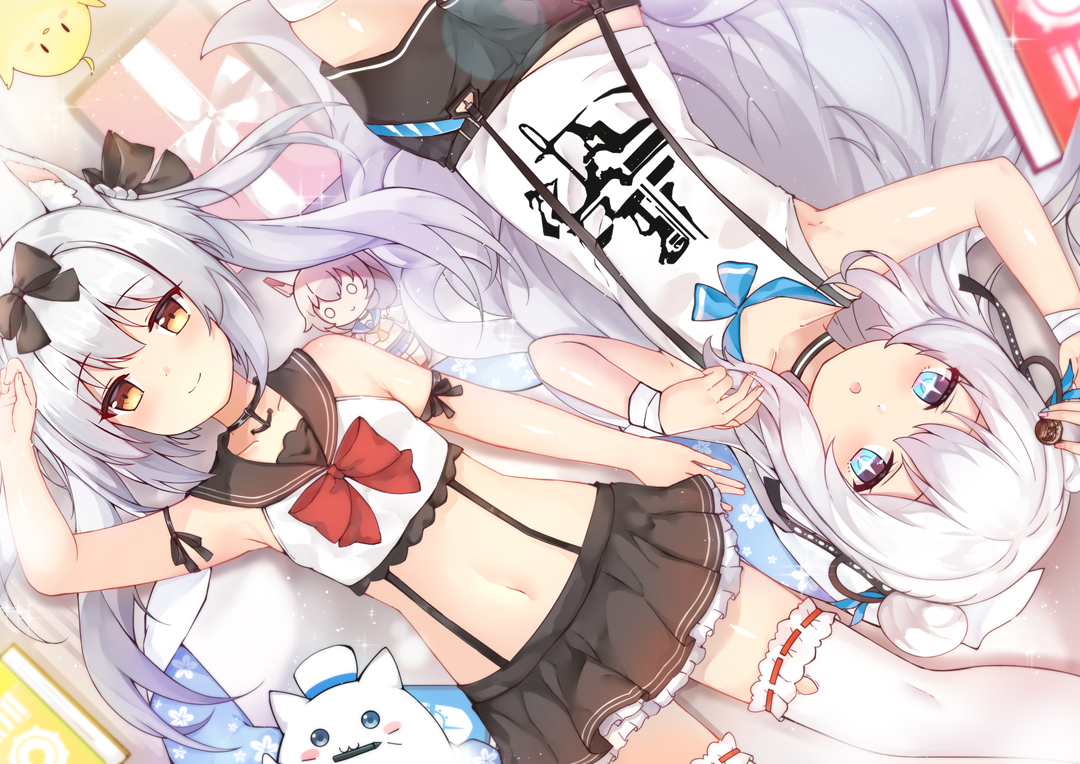 animal_ears, anthropomorphism, ayanami_(azur_lane), azur_lane, bow, gray_hair, kuaua, le_malin_(azur_lane)