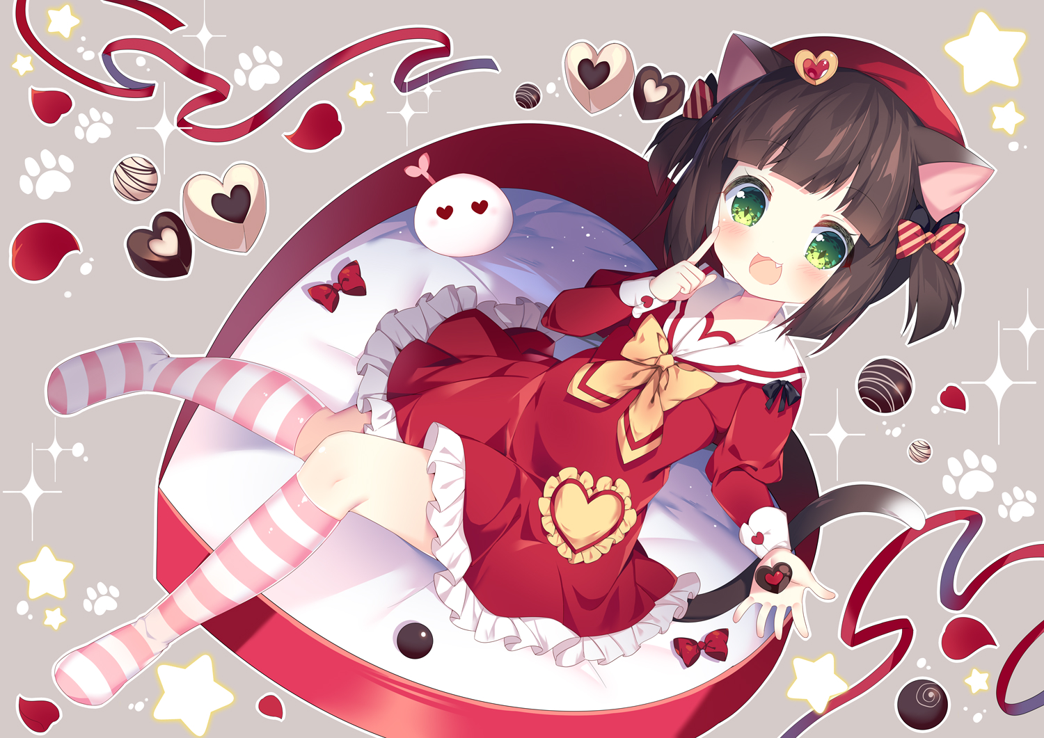 animal_ears, anthropomorphism, azur_lane, brown_hair, candy, catgirl, cat_smile, chocolate