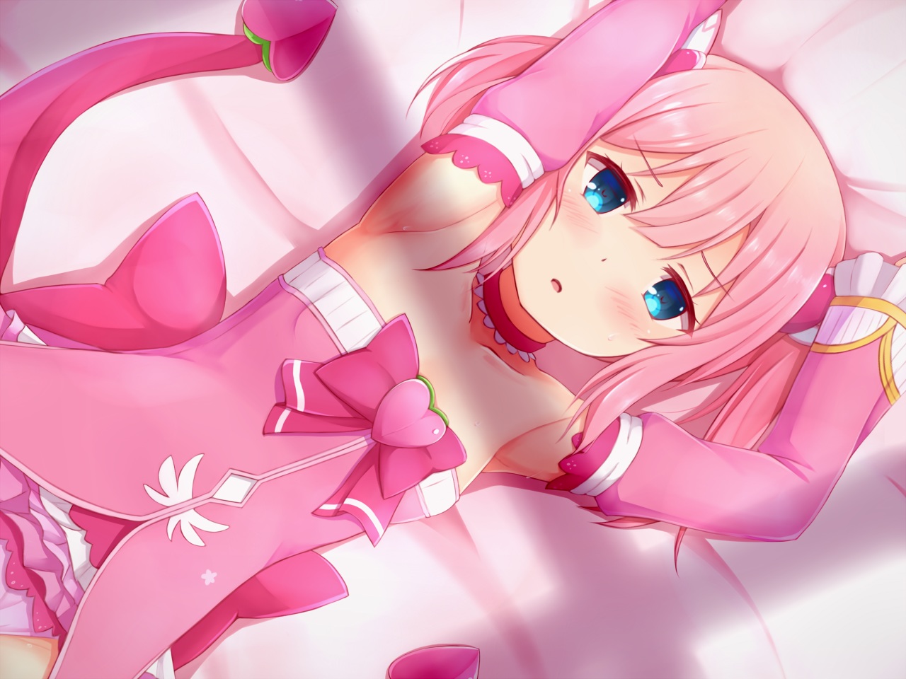 aqua_eyes, blush, bow, chiyoda_momo, choker, machikado_mazoku, natsu_(927013), pink_hair, short_hair, tail, twintails