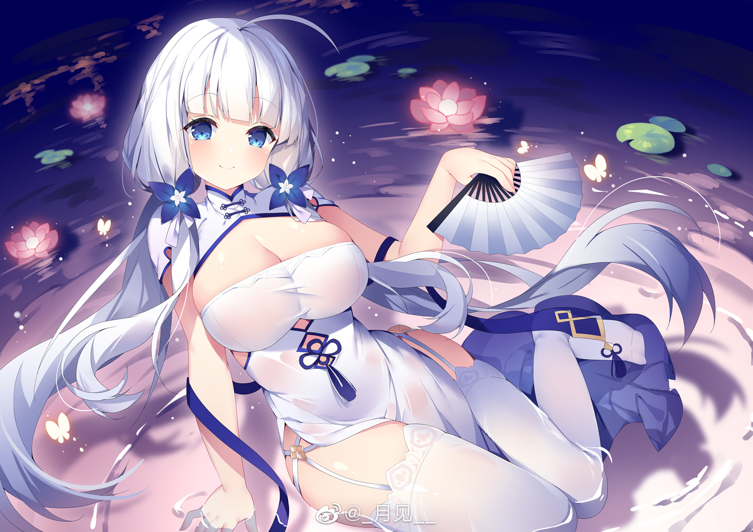 anthropomorphism, azur_lane, blue_eyes, breasts, chinese_clothes, chinese_dress, cleavage, dress, fan, flowers, gray_hair, illustrious_(azur_lane), long_hair, stockings, thighhighs, tsukimi_(xiaohuasan), twintails, watermark