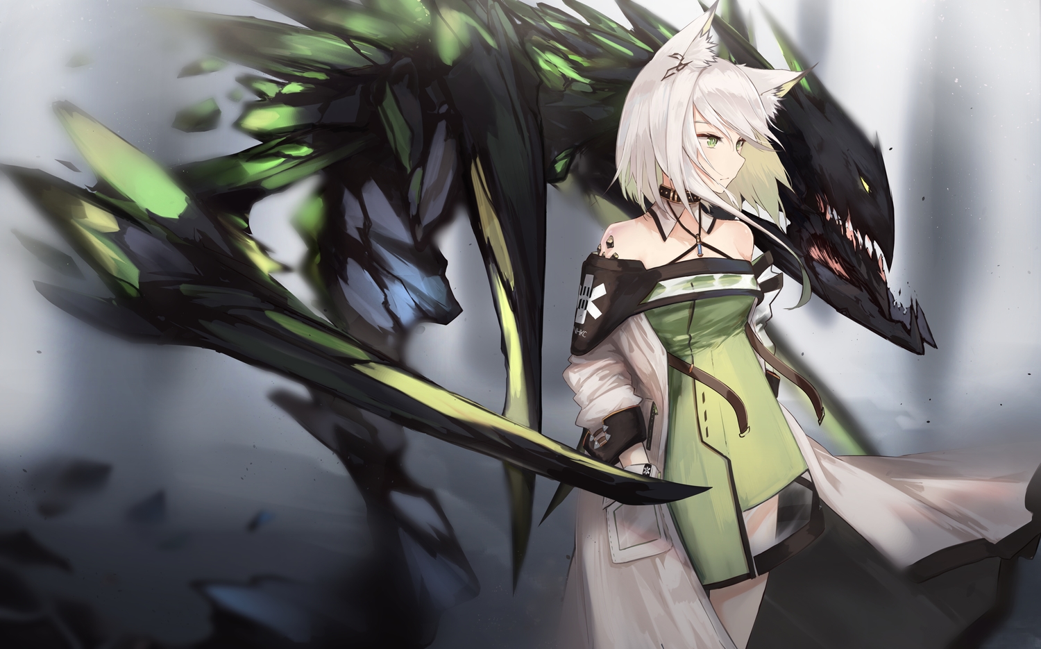 animal_ears, arknights, catgirl, gray_hair, green_eyes, kal'tsit_(arknights), kashiyarrm
