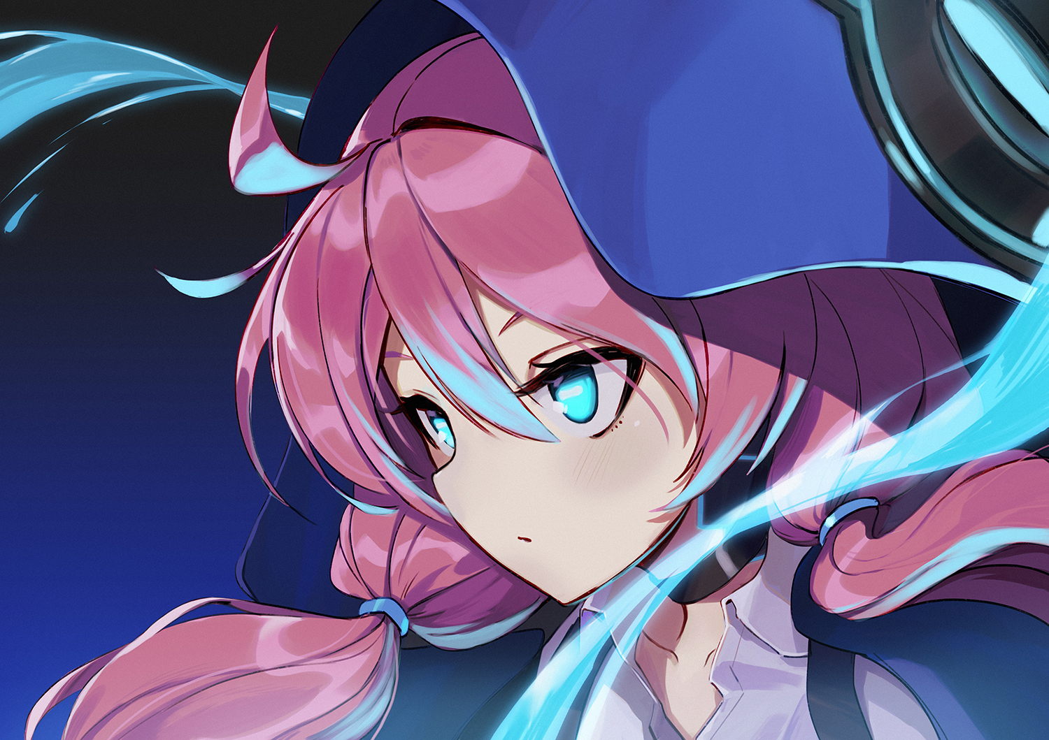 aqua_eyes, arknights, blue_poison_(arknights), blush, close, long_hair, pink_hair, ranyu, twintails