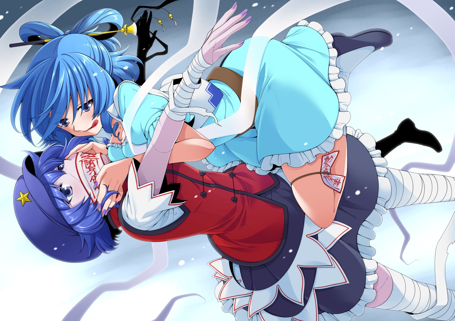 2girls, aliasing, bandage, blue_eyes, blue_hair, dress, eichi_yuu, hat