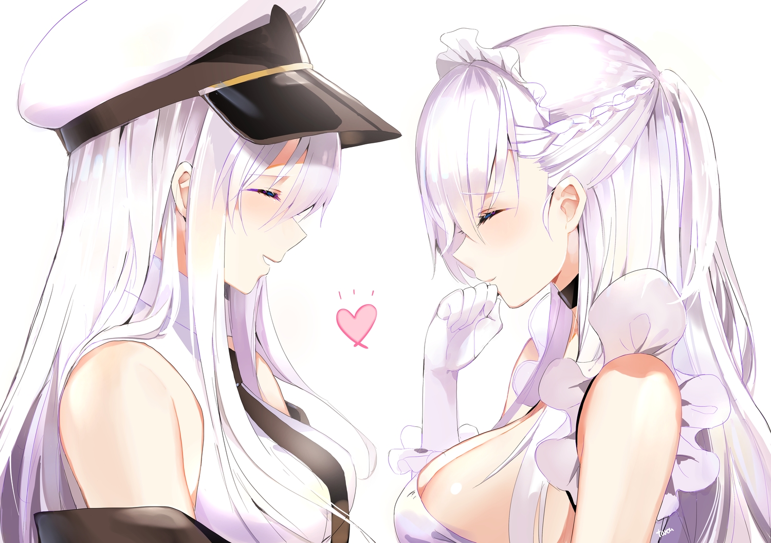 2girls, anthropomorphism, azur_lane, belfast_(azur_lane), breasts, cleavage, close, enterprise_(azur_lane), heart, hoerutarou, maid, shoujo_ai, uniform