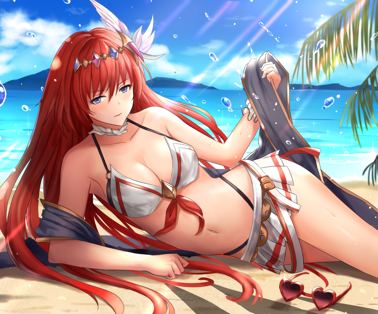 aqua_(popogori), beach, bikini, godguard_brodia, granblue_fantasy, long_hair, navel, red_hair