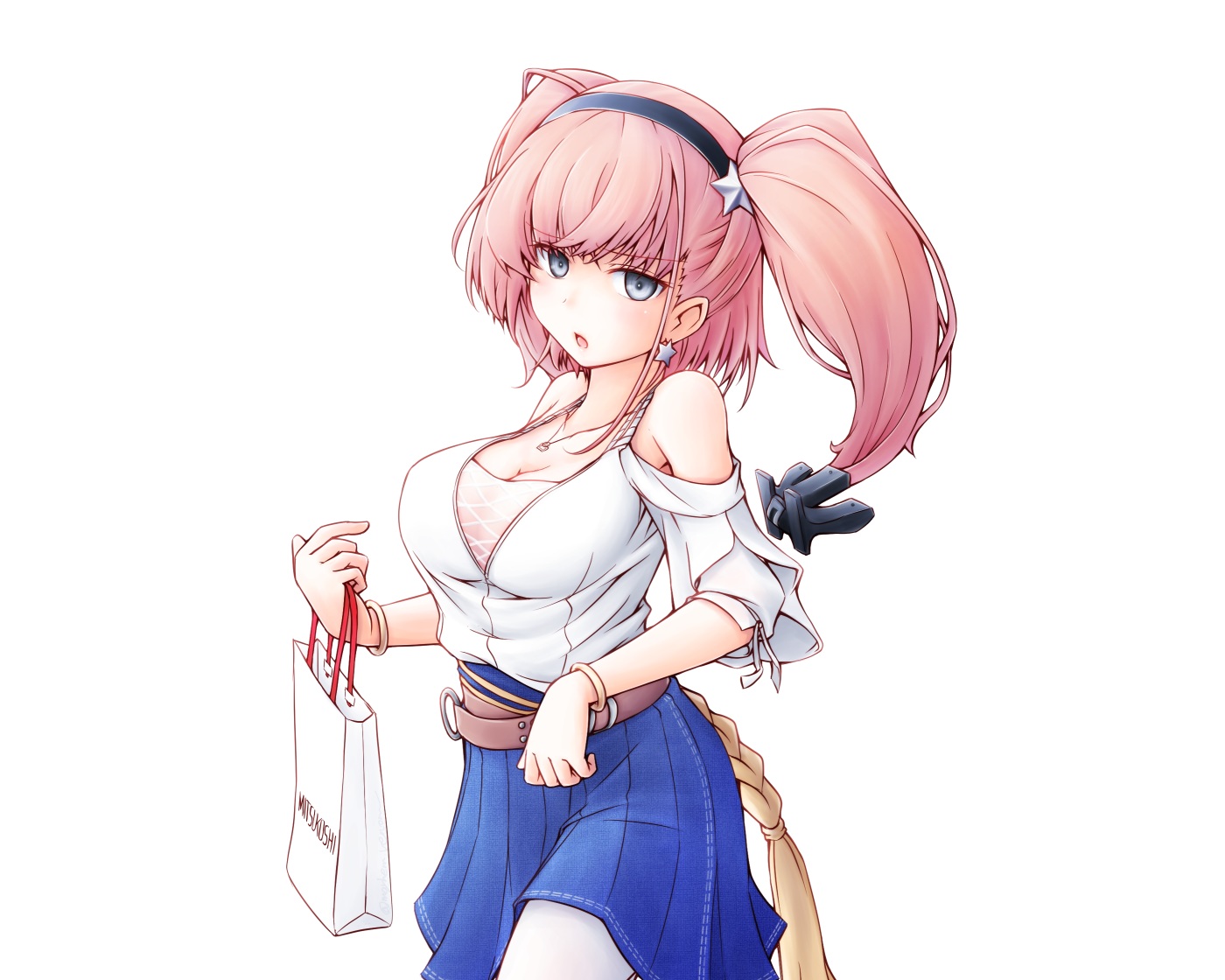 anthropomorphism, atlanta_(kancolle), blue_eyes, breasts, cleavage, cosplay, headband, kantai_collection, meihemu, necklace, pink_hair, skirt, twintails, white, wristwear