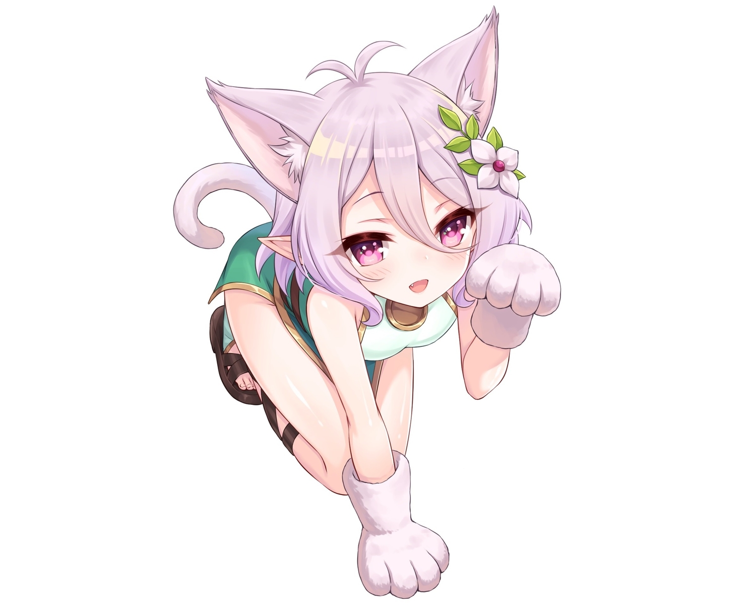 animal_ears, blush, catgirl, dress, fang, gloves, natsume_kokoro, pointed_ears, princess_connect!, purple_eyes, purple_hair, short_hair, tail, tomo_(user_hes4085), white