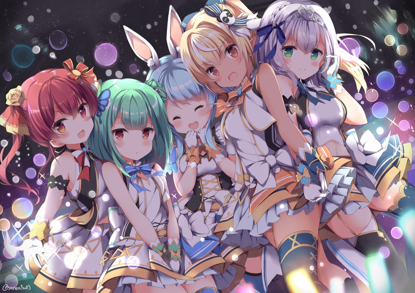 aliasing, animal_ears, brown_eyes, gloves, gray_hair, green_hair, group, hololive, houshou_marine, loli, niwasane_(saneatsu03), red_hair, shiranui_flare, shirogane_noel, signed, thighhighs, uniform, uruha_rushia, usada_pekora