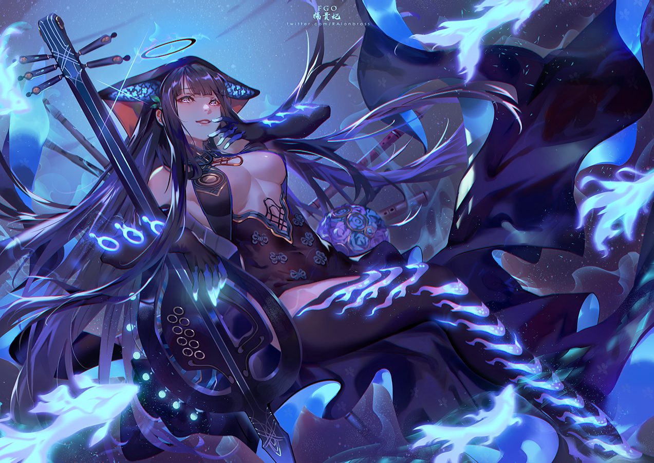 black_hair, breasts, chinese_clothes, chinese_dress, dress, elbow_gloves, fate/grand_order, fate_(series), gloves, halo, instrument, long_hair, magic, raion_(soraelf), watermark, yang_guifei_(fate/grand_order)