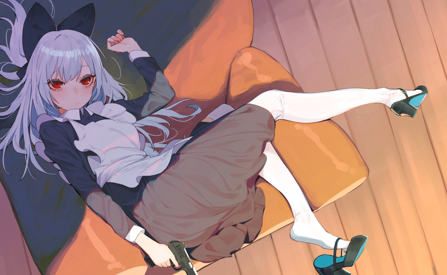 anthropomorphism, apron, bow, dress, girls_frontline, gray_hair, gun, juz