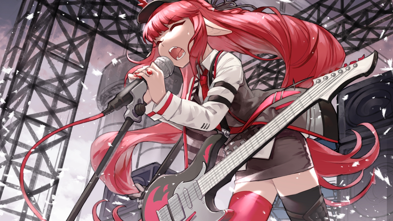 aoi_tsunami, arknights, braids, demon, fang, guitar, instrument, long_hair