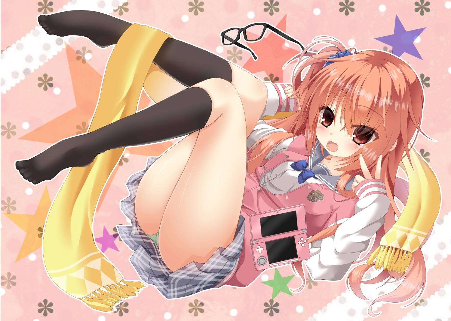 aliasing, blush, bow, brown_eyes, brown_hair, fang, game_console, glasses