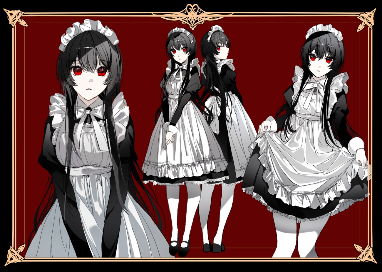 apron, black_hair, headdress, long_hair, maid, naru_(ul), original, pantyhose