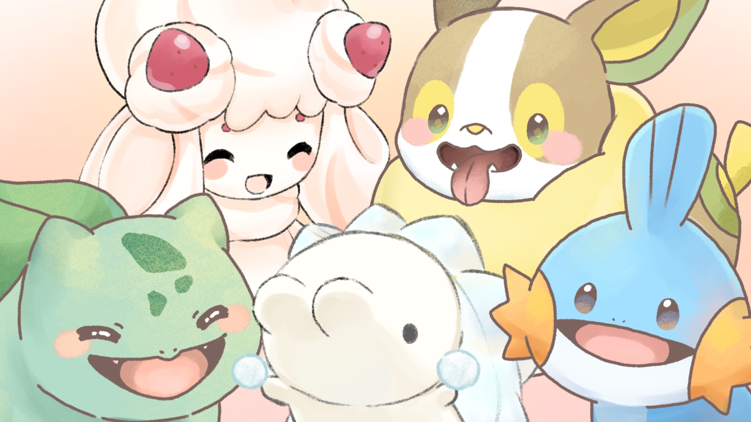 alcremie, bulbasaur, mudkip, no_humans, pokemon, siratamairipafe, snom, yamper