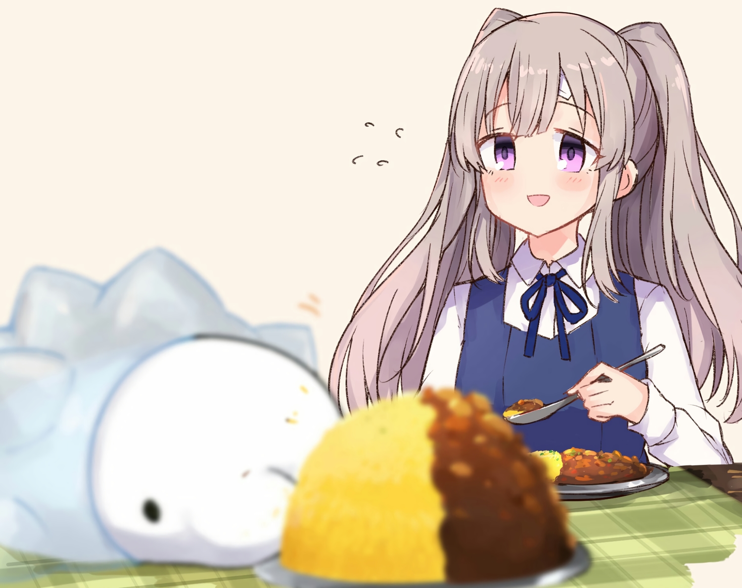 bandage, crossover, food, gray_hair, hanetsuka, idolmaster, idolmaster_shiny_colors, long_hair, pokemon, purple_eyes, snom, twintails, yuukoku_kiriko