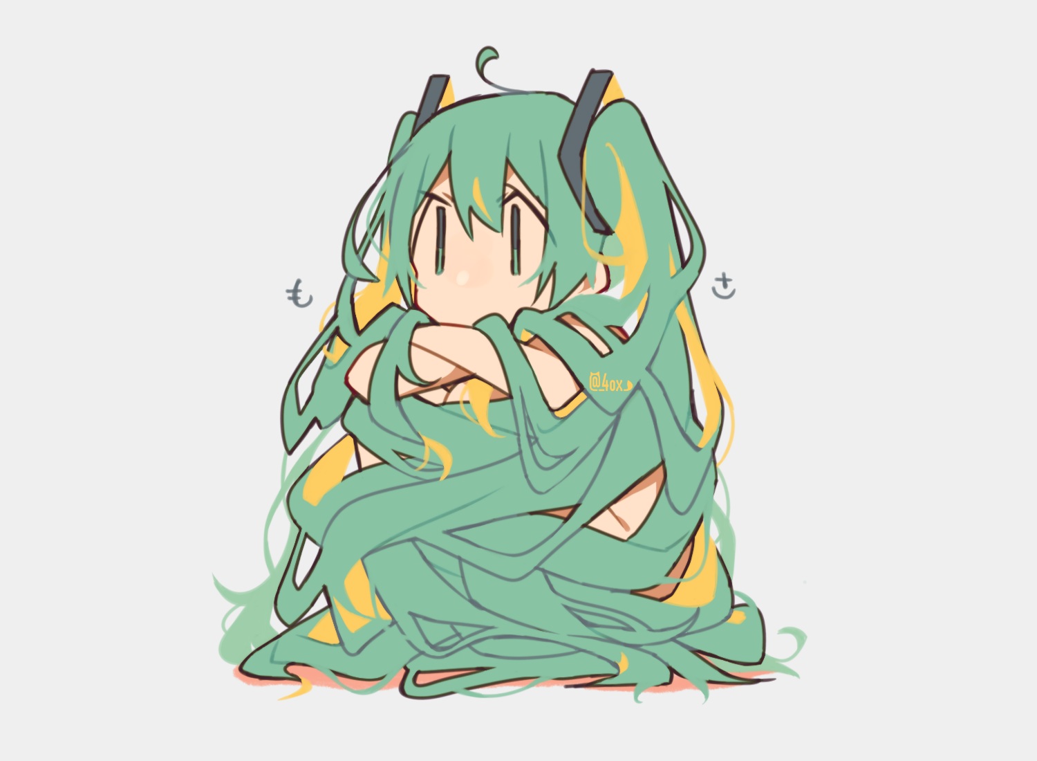 chibi, gray, green_eyes, green_hair, hatsune_miku, kitsune_no_ko, long_hair, nude, twintails, vocaloid, watermark
