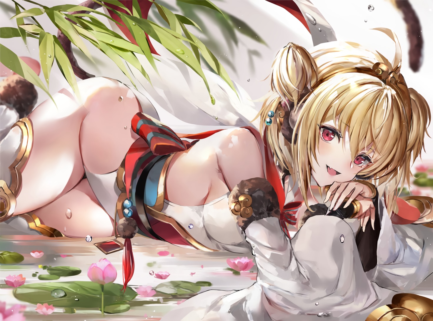 andira_(granblue_fantasy), animal_ears, blonde_hair, bow, breasts, fang, flowers, granblue_fantasy