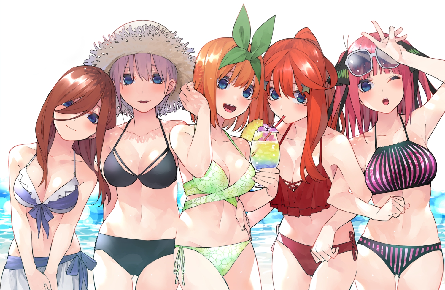 bikini, blue_eyes, breasts, brown_hair, cleavage, glasses, go-toubun_no_hanayome, haruba_negi, hat, headband, long_hair, nakano_ichika, nakano_itsuki, nakano_miku, nakano_nino, nakano_yotsuba, navel, orange_hair, purple_hair, red_hair, swimsuit, wink