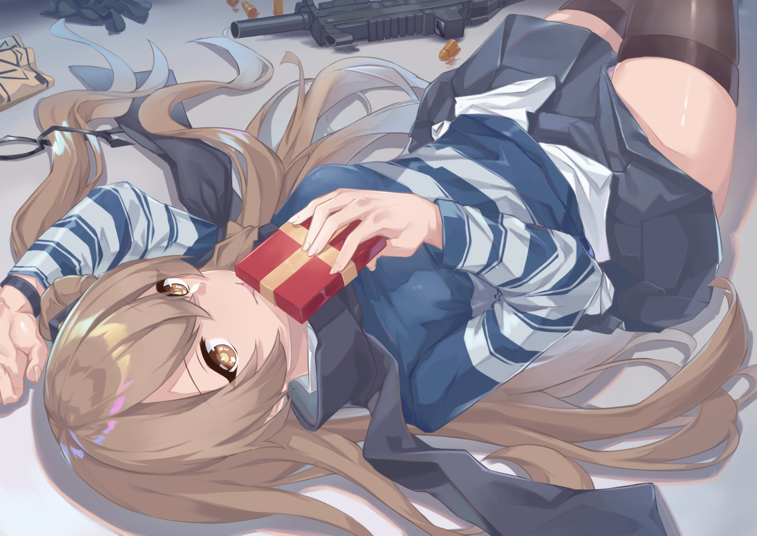 anthropomorphism, brown_eyes, brown_hair, fuyukin_chiba, girls_frontline, gun, long_hair, skirt, thighhighs, ump-45_(girls_frontline), valentine, weapon
