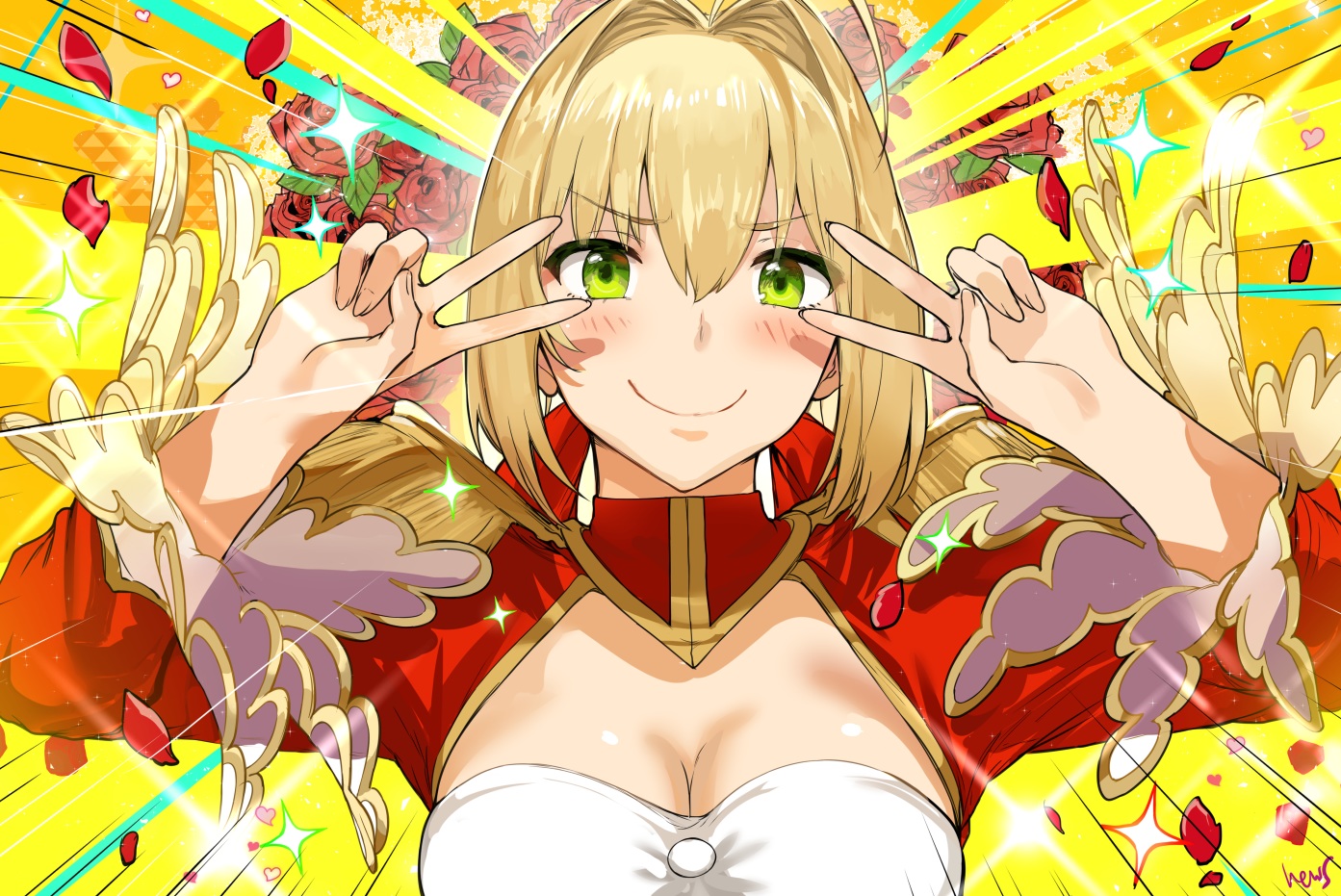 aliasing, blonde_hair, blush, breasts, cleavage, close, fate/extra, fate/grand_order