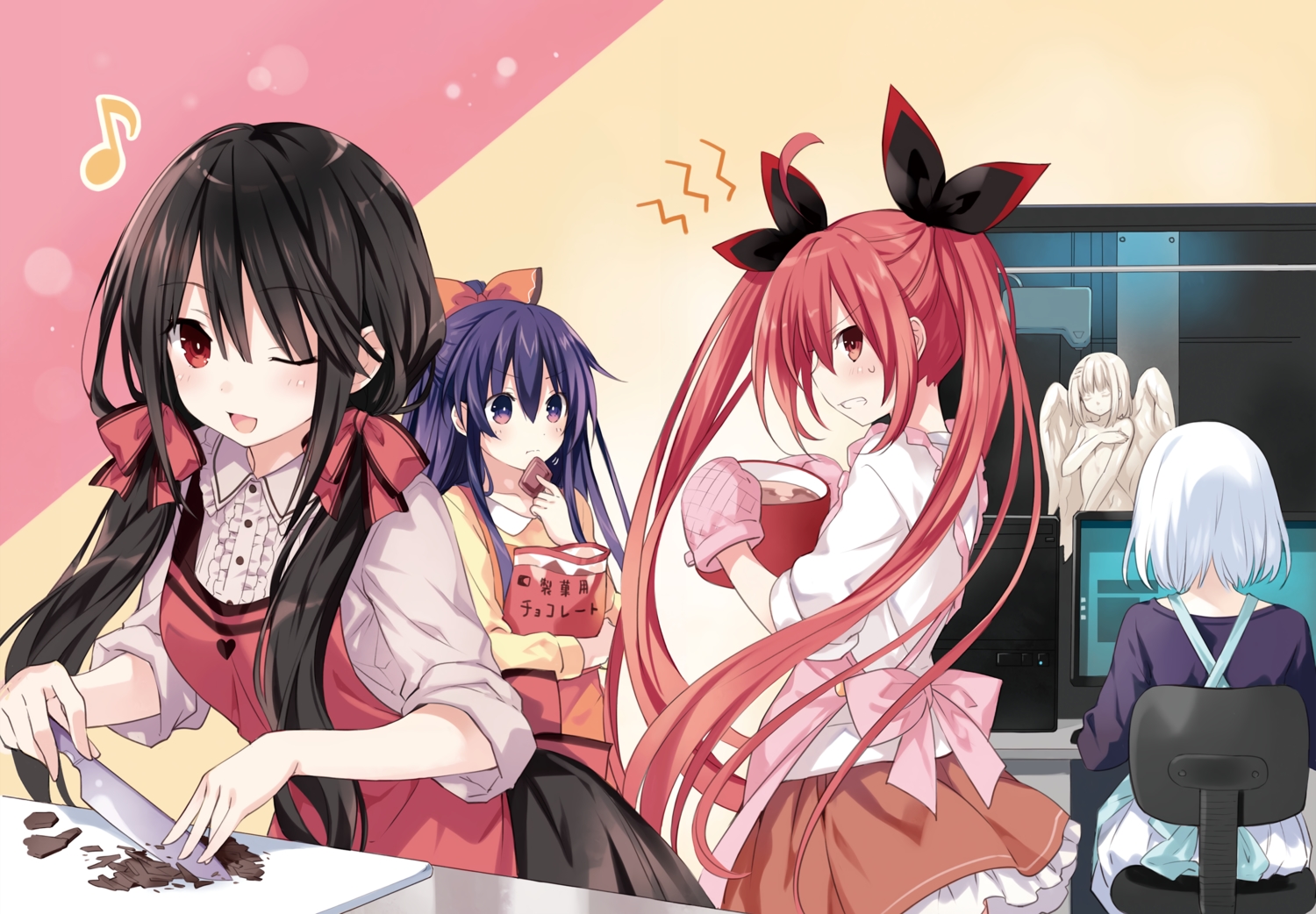 apron, chocolate, date_a_live, gloves, group, itsuka_kotori, long_hair, purple_eyes