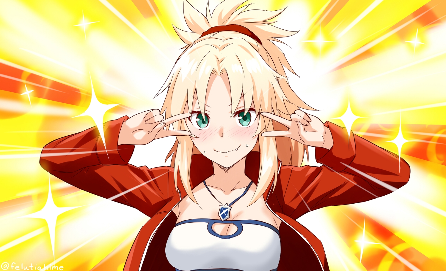 blonde_hair, blush, fang, fate/grand_order, fate_(series), felutiahime, green_eyes, long_hair