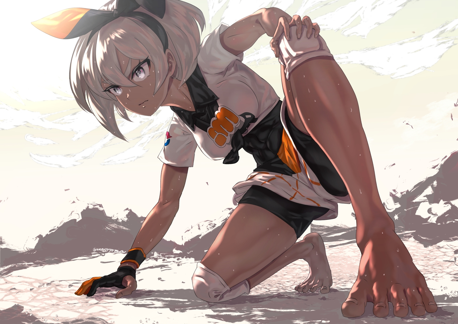 barefoot, bodysuit, dark_skin, gloves, gray_eyes, gray_hair, pokemon, saitou_(pokemon), short_hair, shorts, signed, uenoryoma