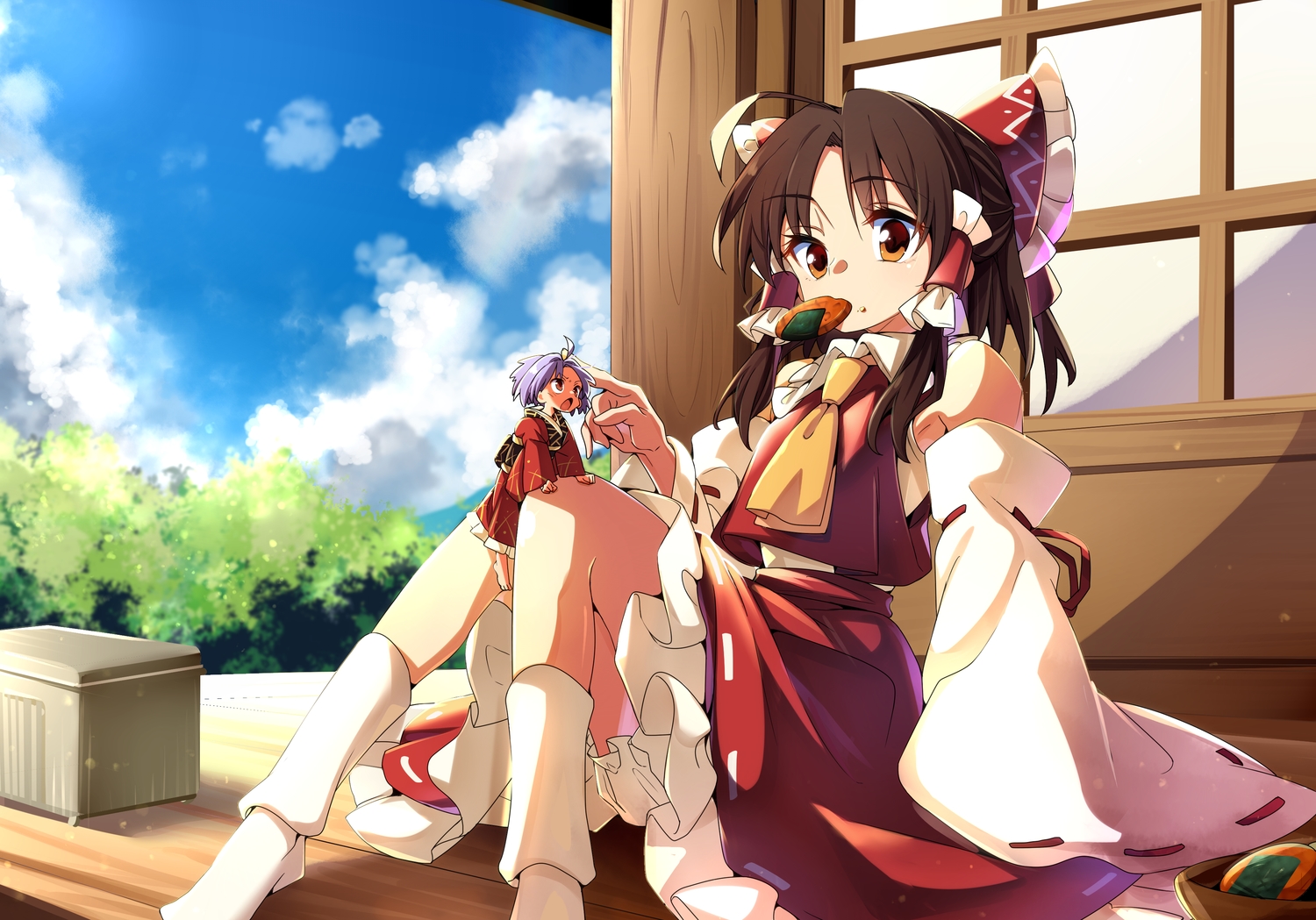 2girls, baba_(baba_seimaijo), brown_eyes, brown_hair, clouds, hakurei_reimu, japanese_clothes, long_hair, miko, sky, sukuna_shinmyoumaru, touhou
