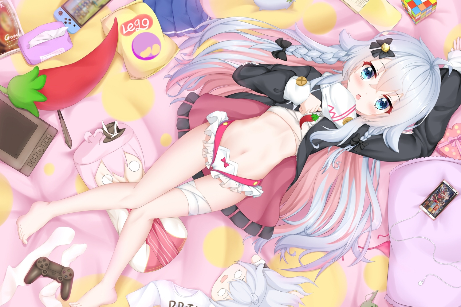 bandage, barefoot, bed, blue_eyes, braids, denfunsan, fang, flat_chest