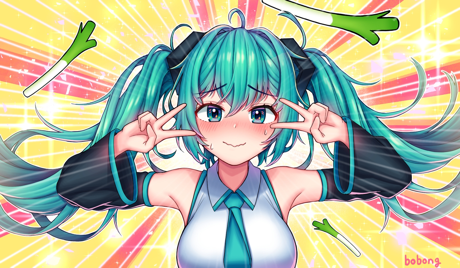aqua_eyes, aqua_hair, blush, hatsune_miku, kk_(aky2374), leek, long_hair, parody, signed, tie, twintails, vocaloid
