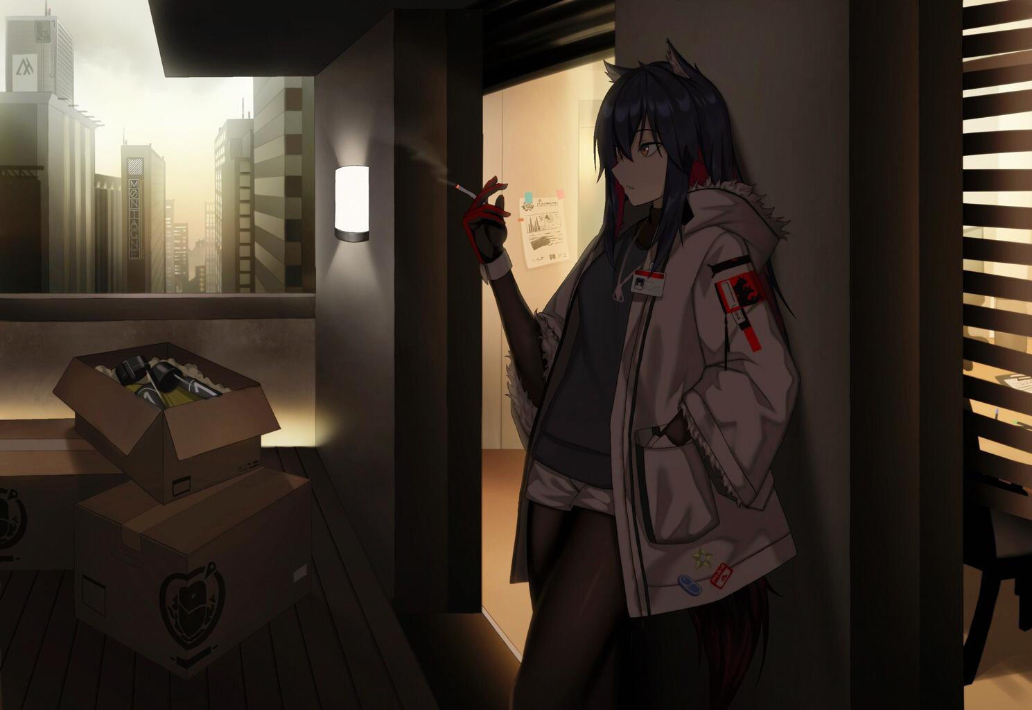 animal_ears, arknights, black_hair, brown_eyes, building, cero_(last2stage), cigarette, city, dark, hood, long_hair, necklace, pantyhose, paper, shorts, smoking, texas_(arknights), wolfgirl