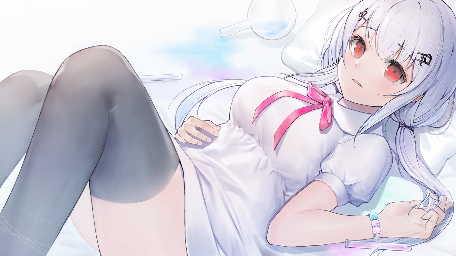 dress, hakase_fuyuki, long_hair, nijisanji, para3318, red_eyes, thighhighs, twintails, white_hair