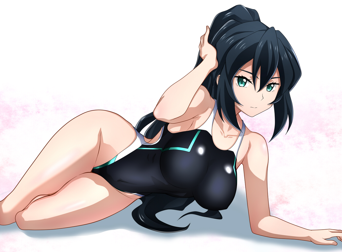 black_hair, breasts, green_eyes, gundam_build_divers, kenken, long_hair, may_(gbd), mobile_suit_gundam, ponytail, school_swimsuit, swimsuit, white, wristwear