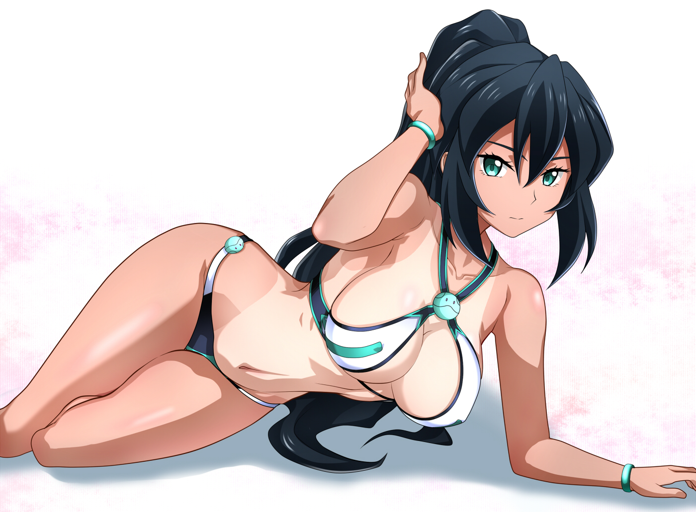bikini, black_hair, green_eyes, gundam_build_divers, kenken, long_hair, may_(gbd), mobile_suit_gundam, navel, ponytail, swimsuit, tan_lines, white, wristwear