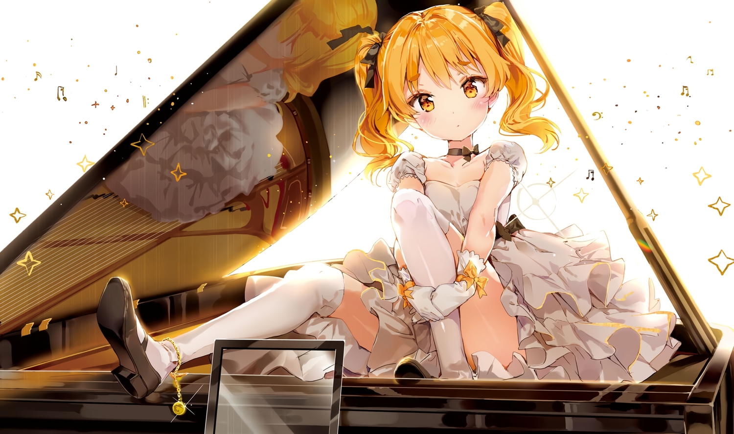 anmi, blonde_hair, blush, bow, choker, cropped, dress, gloves