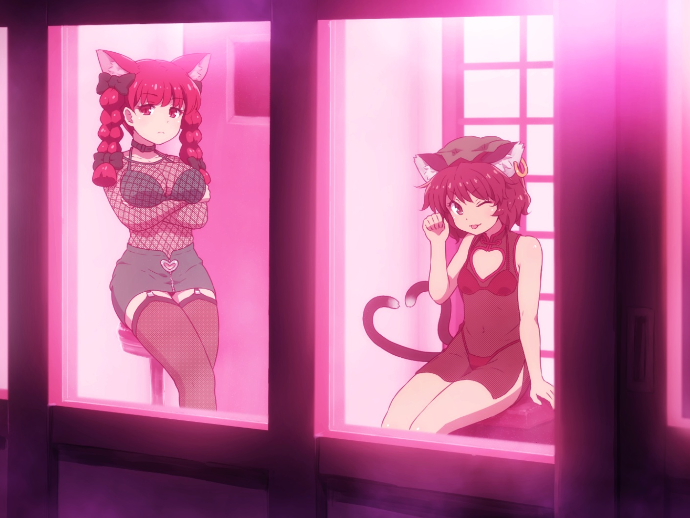 2girls, animal_ears, bikini, braids, breast_hold, breasts, brown_eyes, brown_hair