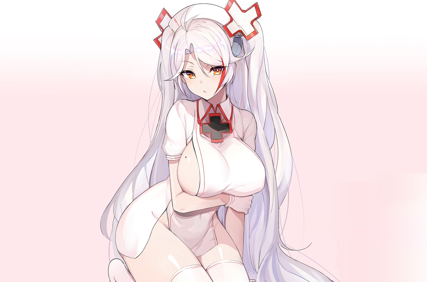 anthropomorphism, azur_lane, breast_hold, breasts, cropped, gloves, gray_hair, hat, long_hair, luse_maonang, no_bra, nopan, nurse, orange_eyes, prinz_eugen_(azur_lane), thighhighs, third-party_edit