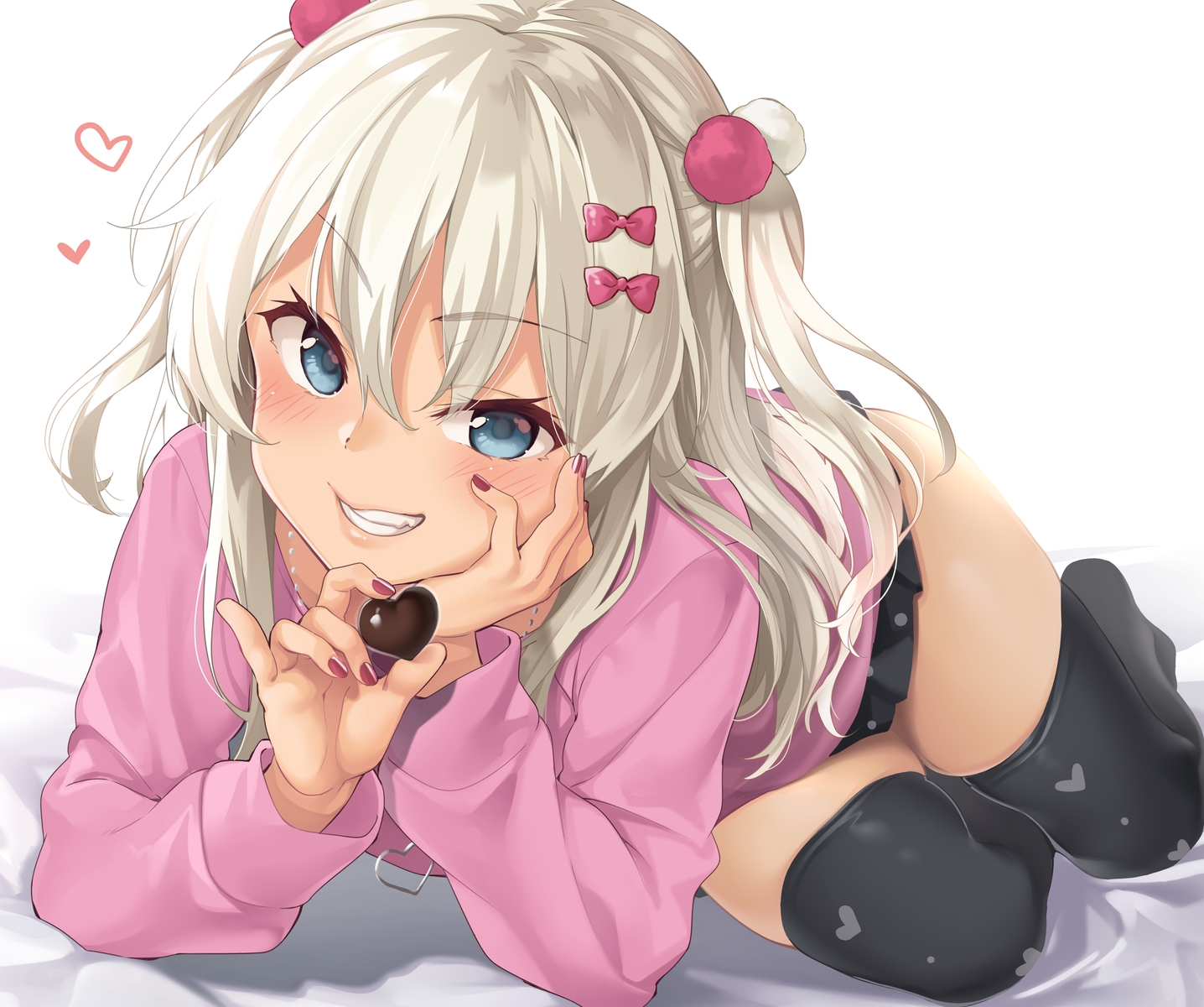 anthropomorphism, blonde_hair, blue_eyes, blush, chocolate, ebifurya, grecale_(kancolle), heart, kantai_collection, long_hair, skirt, thighhighs, twintails, valentine