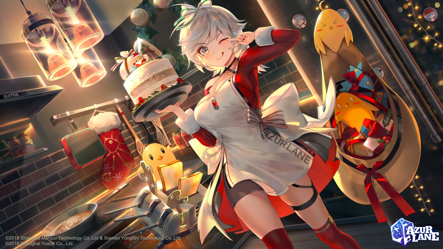 anthropomorphism, apron, azur_lane, breasts, cake, christmas, cleavage, food