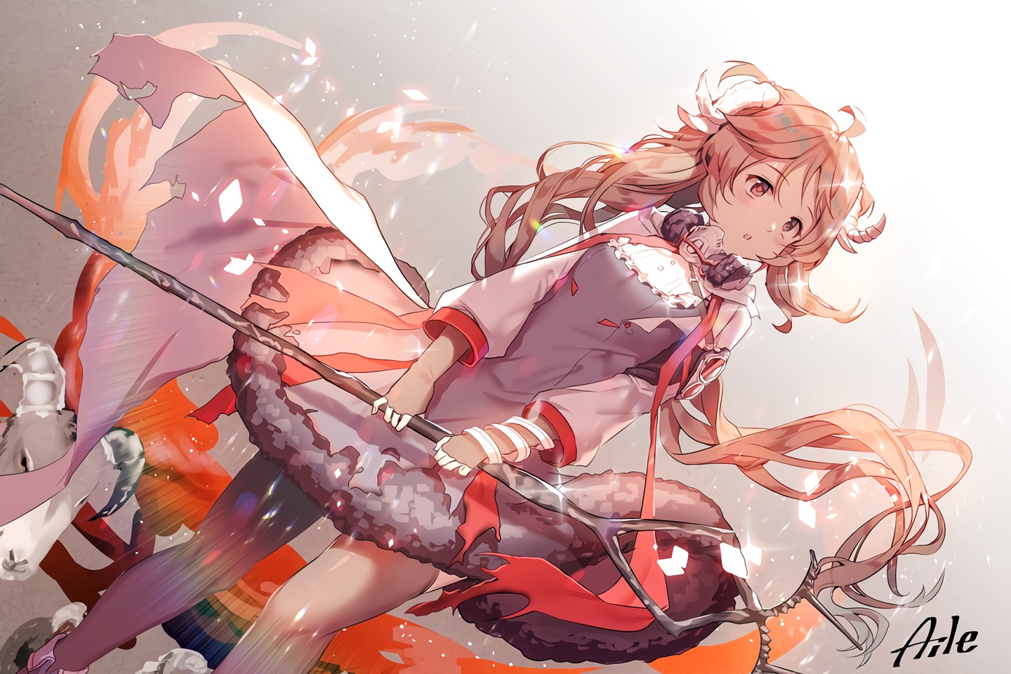 aile_(crossroads), animal, animal_ears, arknights, brown_hair, dress, eyjafjalla_(arknights), horns