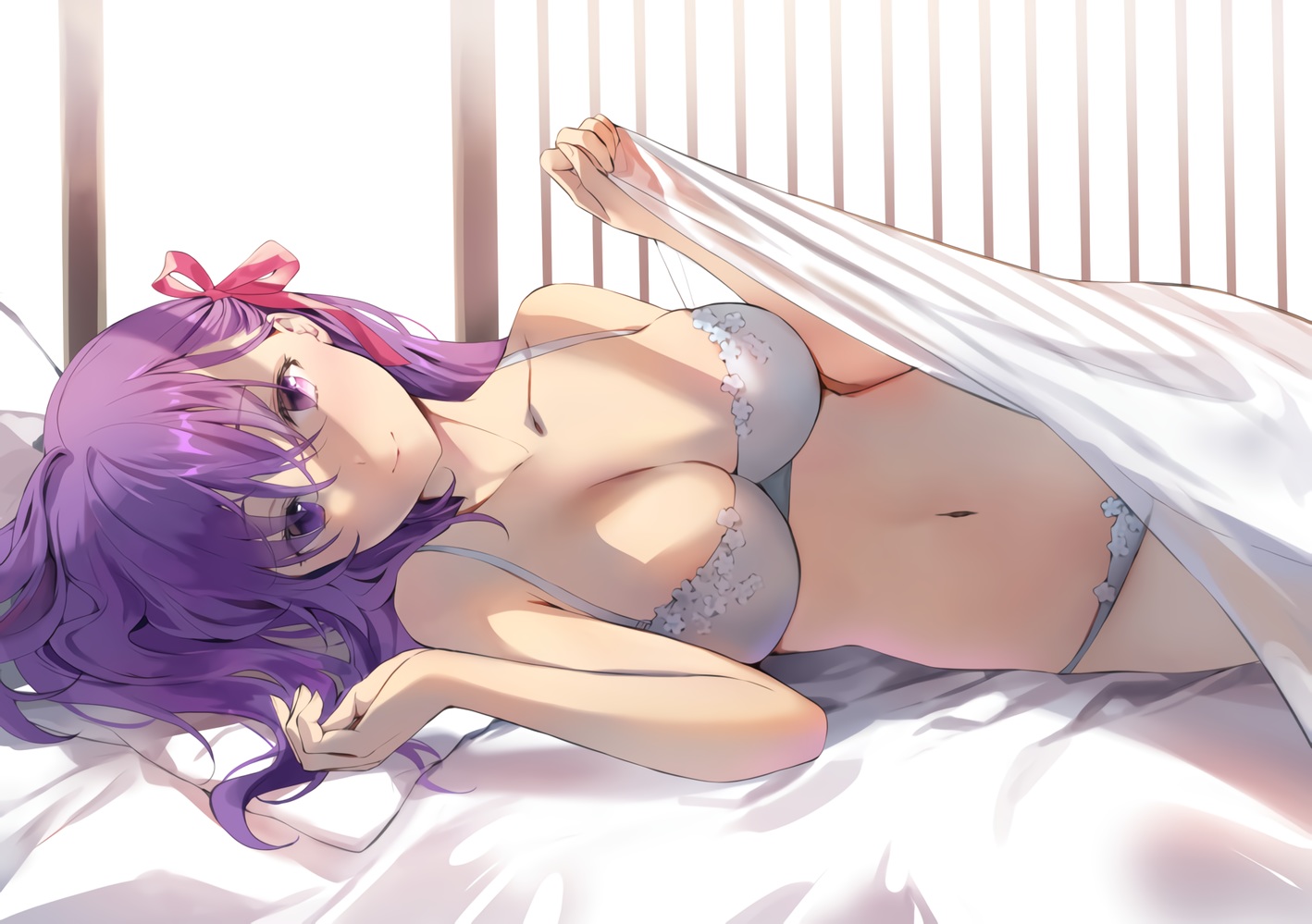 bed, bra, fate/grand_order, fate_(series), ice_(ice_aptx), long_hair, matou_sakura, navel