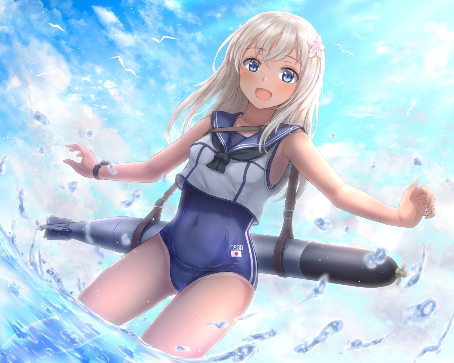 absent, anthropomorphism, blue_eyes, blush, clouds, dark_skin, kantai_collection, long_hair