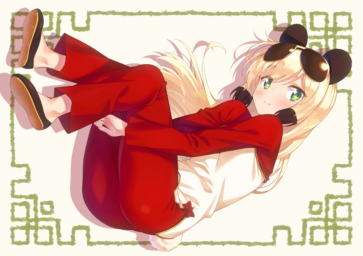 animal_ears, ass, blonde_hair, blush, chinese_clothes, green_eyes, kazuma_(kazumav), long_hair, mei-mei, murenase!_shiiton_gakuen, sunglasses