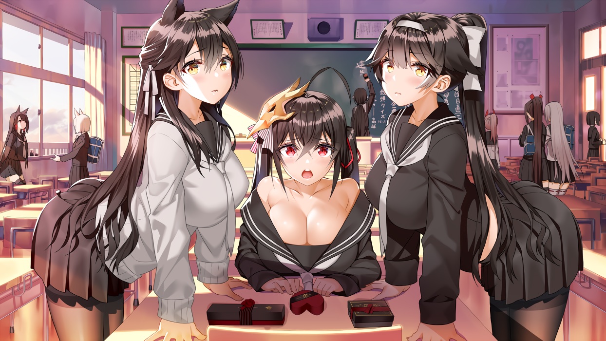 akagi_(azur_lane), akusema, aliasing, animal_ears, anthropomorphism, atago_(azur_lane), ayanami_(azur_lane), azur_lane, black_hair, blush, breasts, brown_hair, cleavage, doggirl, foxgirl, headband, kaga_(azur_lane), long_hair, pantyhose, ponytail, red_eyes, school_uniform, short_hair, shoukaku_(azur_lane), skirt, taihou_(azur_lane), takao_(azur_lane), thighhighs, twintails, valentine, white_hair, yellow_eyes, zuikaku_(azur_lane)