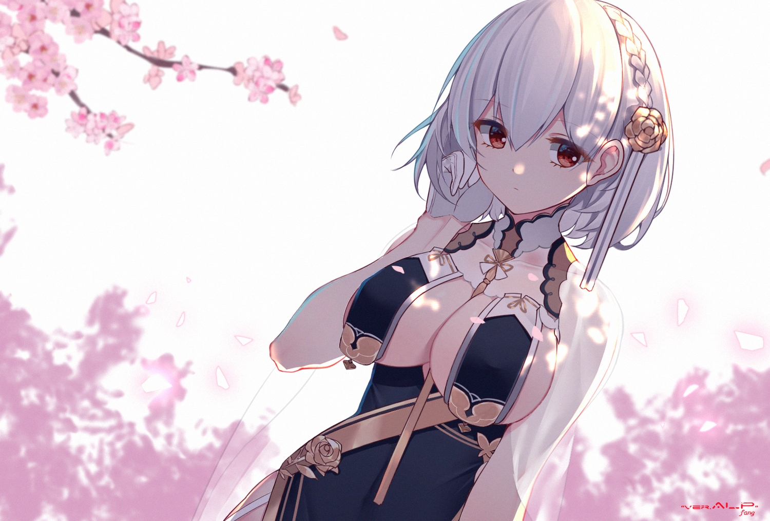 aluppia, anthropomorphism, azur_lane, braids, cherry_blossoms, chinese_clothes, chinese_dress, dress, flowers, gloves, no_bra, red_eyes, short_hair, sirius_(azur_lane), watermark, white_hair